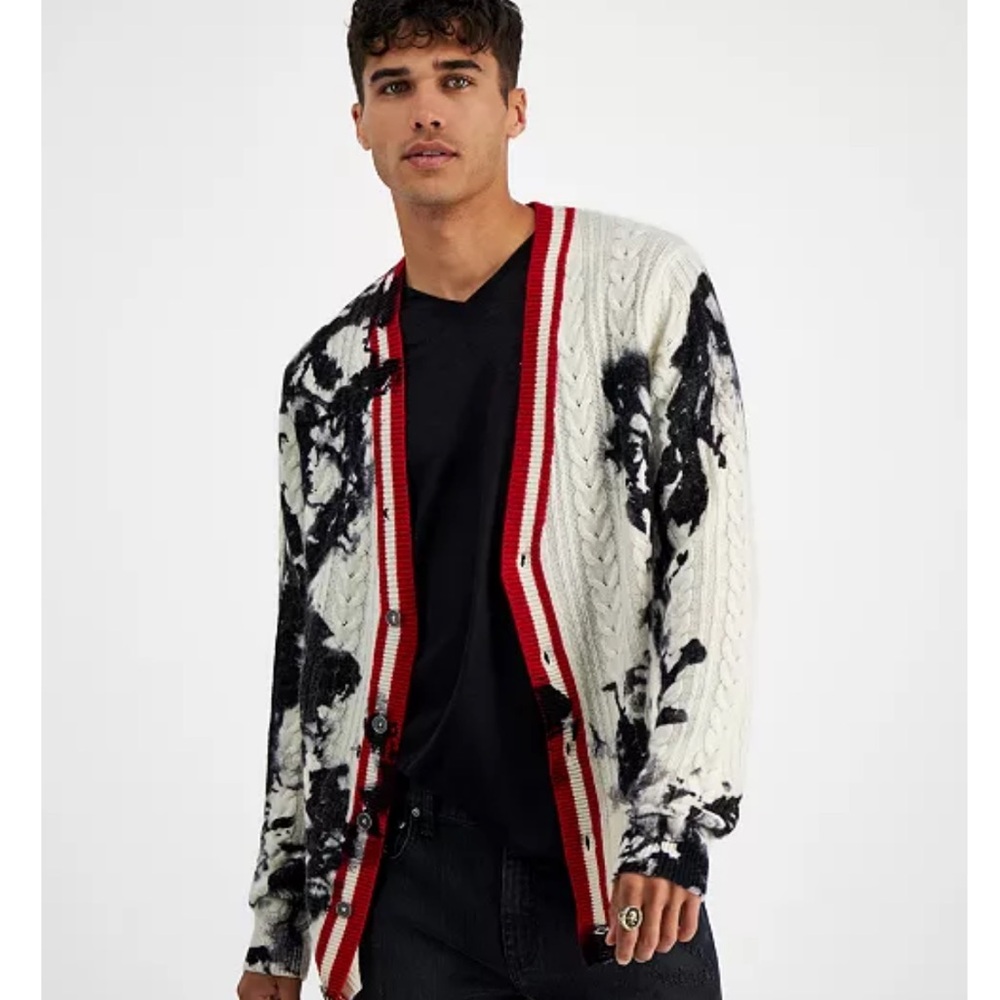 INC International Concepts Men's Cashmere Dye-Splattered Cable-Knit Cardigan